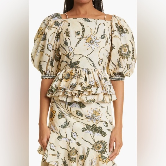 ULLA JOHNSON Carlotta Floral Cotton Peplum Top in Lemonbalm 🔥🔥✨✨✨ SZ 6 New - Picture 4 of 11